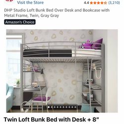 DHP Studio Loft Bunk Bed Over Desk and Bookcase with Metal Frame, Twin, Gray Gray Amazon's Choice