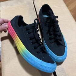 Mens 5.5 Converse Chuck Taylor All Star Black Canvas Rainbow Sole Shoes 164823F