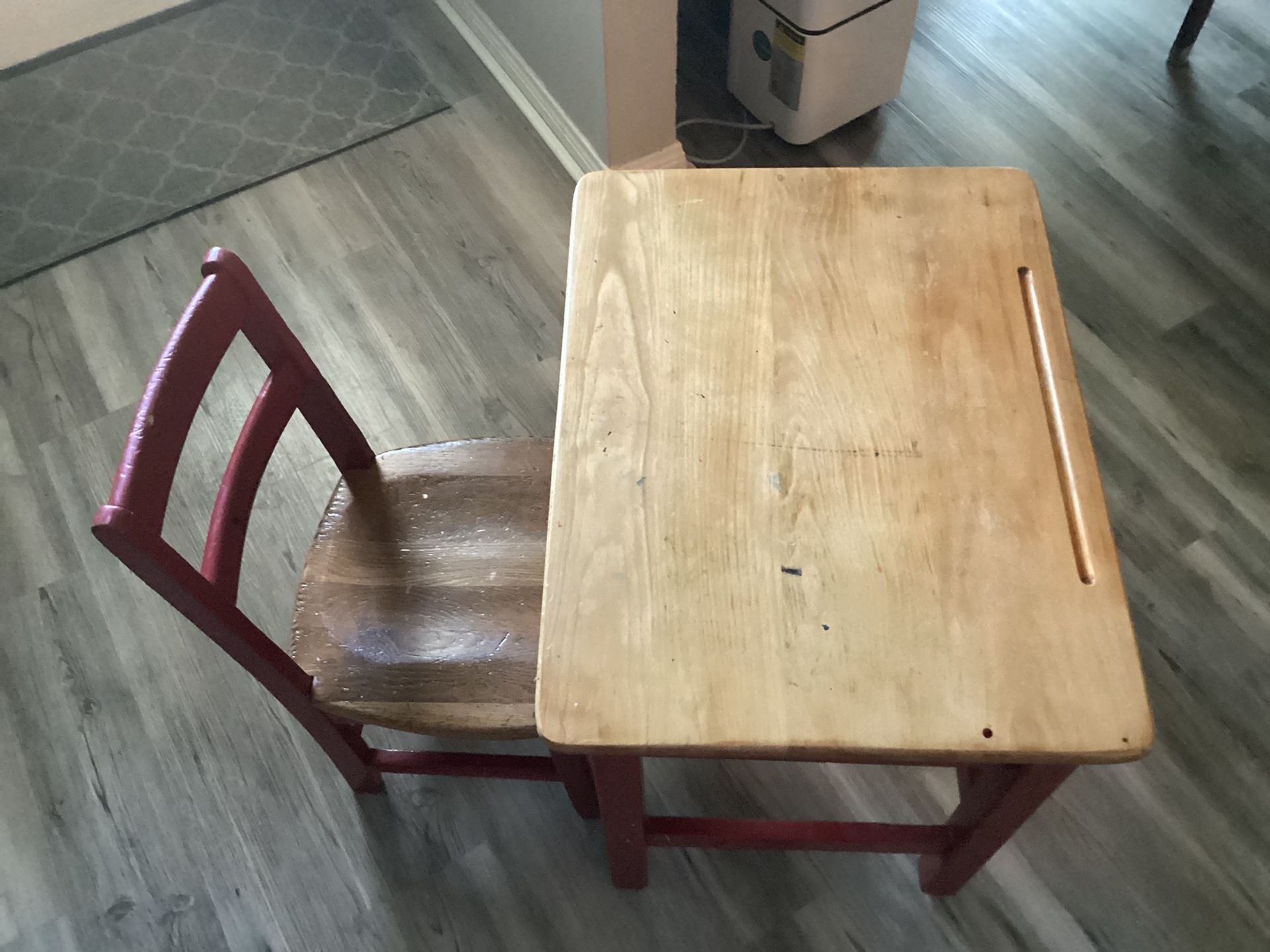 Antique kids, school desk and chair
