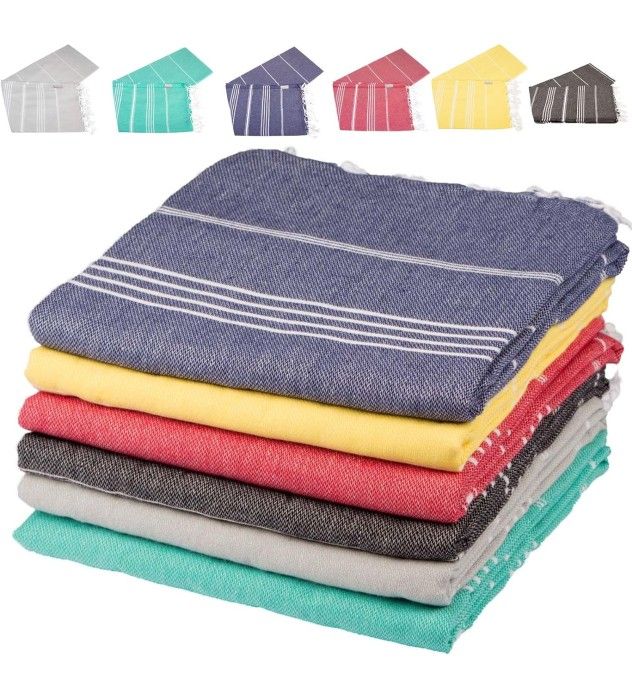 6 Pack Turkish Beach Towel Set with 2 Chair Bands - 100% Cotton 39x70 - Made in Turkey Beach Towels