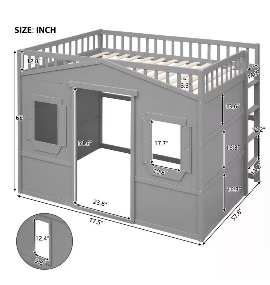 Gray Full Size Wood House Loft Bed