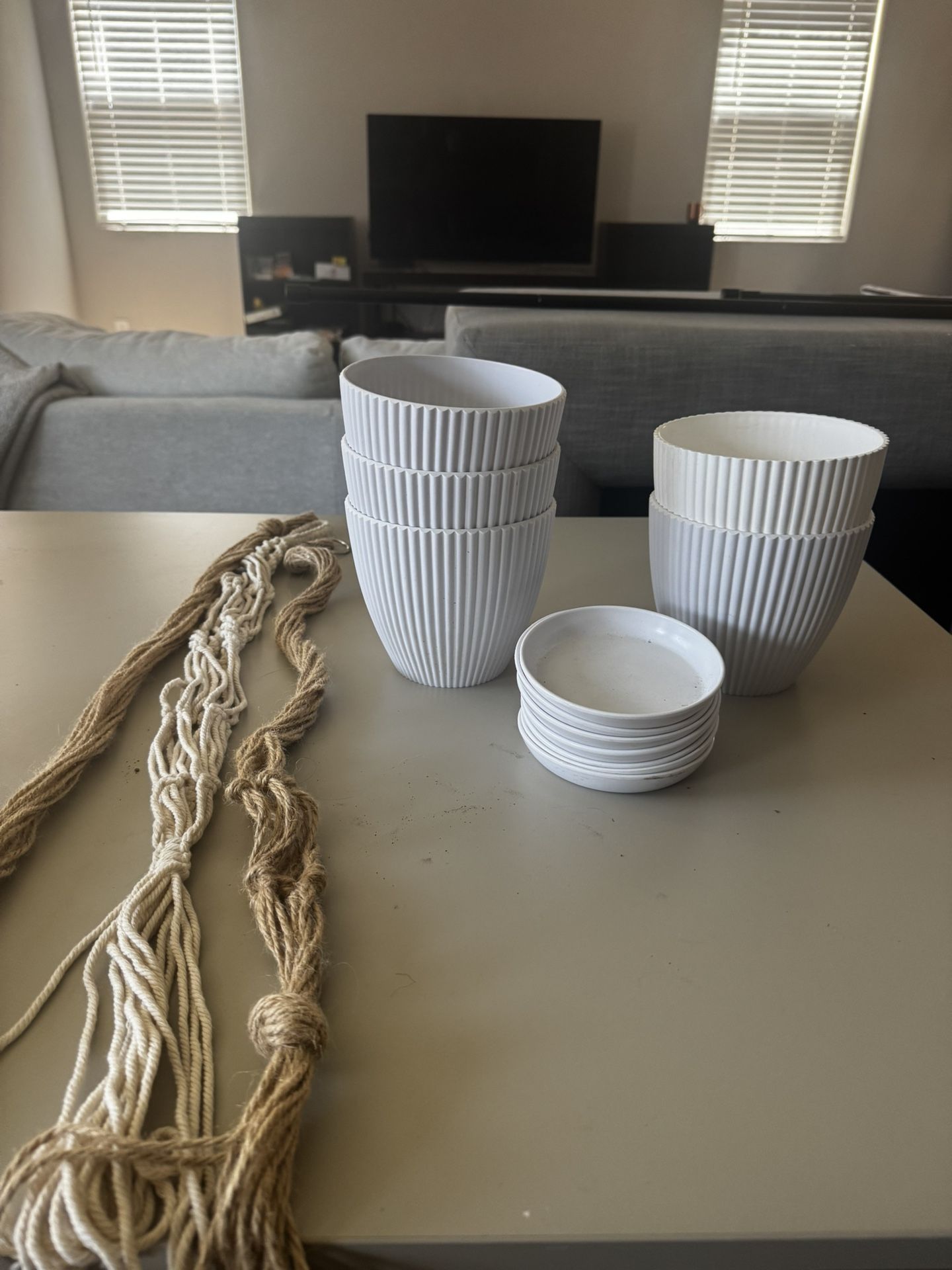 Set of 5 White Flower Pots with Trays + 3 Hanging Plant Holders – Home Decor Bundle