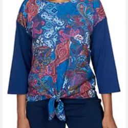 Ruby Rd Women's Abstract Paisley Tie Front Mixed Knit 3/4 sleeves Top 2X