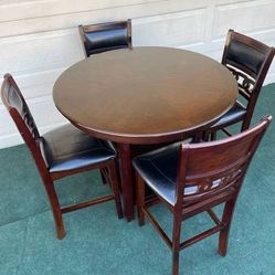 5-PC BEAUTIFUL DARK BROWN FINISH HIGH TOP ROUND DINING SET (1 ROUND DINING TABLE AND 4 PADDED HIGH CHAIRS)