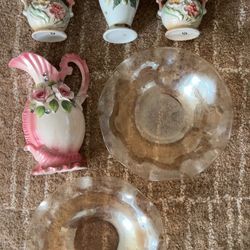 Antique Vintage Floral Capodimonte Style Porcelain Romantic Vases, Pitcher and Glass Bowls Bundle
