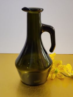 Vtg. Smoky Glass Cruet MCM Style Pitcher Unique Open Handle Mid-Century Modern