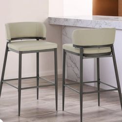 Christopher Knight Home® - Metal Industrial Leathaire Barstool Set Of 2 With Comfortable Seat, Footrest, Non-Slip Feet, Durable Frame - khaki