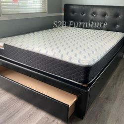 Queen Size Black Tufted Bed With  drawer & Orthopedic Mattress