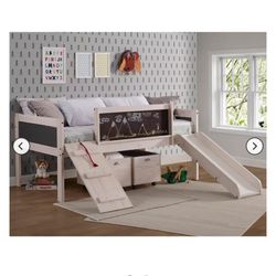 Forest Grove Art Play Junior Low Loft Bed with Slide in White Wash/Dark Gray