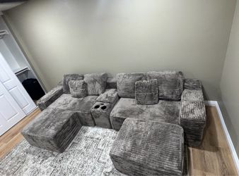 U-Shaped Sectional Couch, Oversized Modular Sectional Sofa with USB Port & Storge Console, Modern Corduroy Boneless Cloud Couch for Living Room 125”