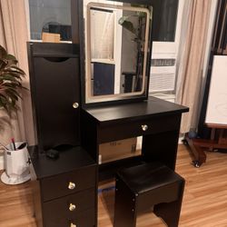 Vanity Mirror with Lights Desk and Chair, Vanity Desk with Sliding Lighted Mirror, Makeup Vanity with Lights, Drawers & Crystal Handles, Cushion Stool