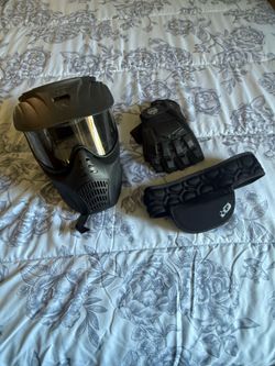 Paintball mask, gloves, and throat guard