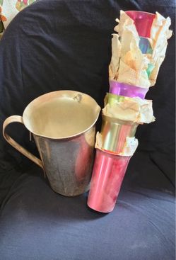 Metal Pitcher and Colorful Cups Set