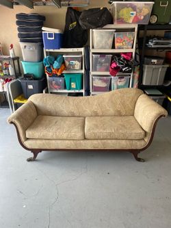 Vintage Regency Style Sofa with Carved Wood & Brass Claw Feet