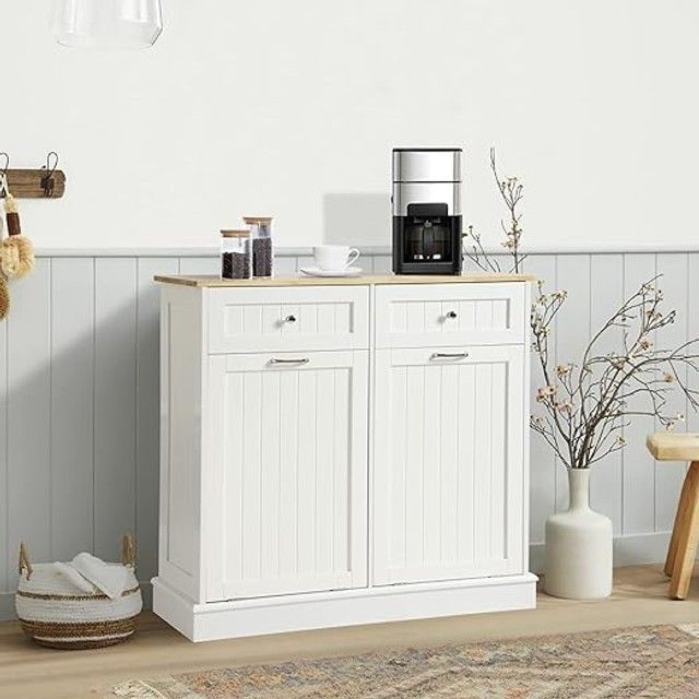 Double Tilt Out Trash Cabinet, Pet Proof Trash Can Cabinet with Countertop and Drawer, Trash Cabinet with Storage