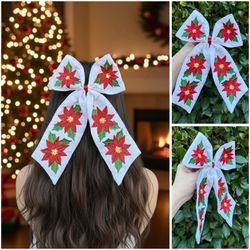 Mexican Embroidered Red Poinsettia White Hair Bow / Bordado Mexicano Nochebuena Roja Moño Navideño