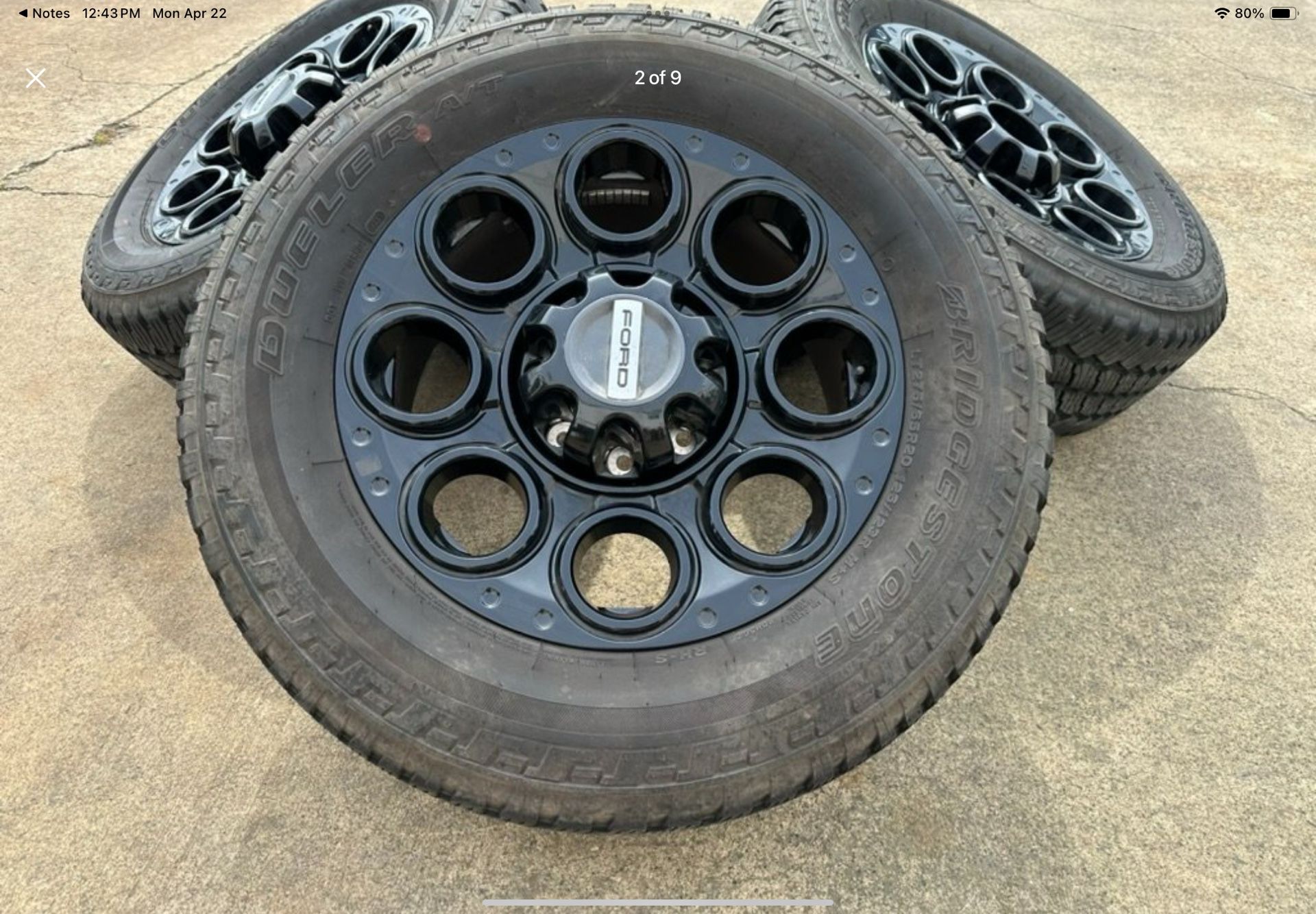 2023 Ford F250 Black wheels F350 Rims Bridgestone AT LT275/65R20 Tremor