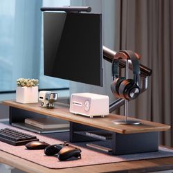 Walnut wood dual monitor stand with metal shelf