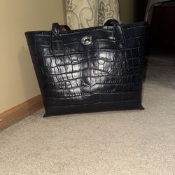 Coach Black Croc-Embossed Leather Tote With Silver Turlock