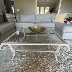 Beautiful glass Top Table W Brushed White Metal Trim