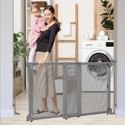 No Bottom Bar Baby Gate for Stairs, 34-55” Safety Dog Gate with Large Walk Thru Door, Mesh Pet Gates for Doorways, Dual Openings Swinging Baby Gate In