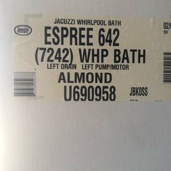 New!!!! Jacuzzi Whirlpool Bath Espree 642 72” X 42” Left Drain Left Pump Motor Almond