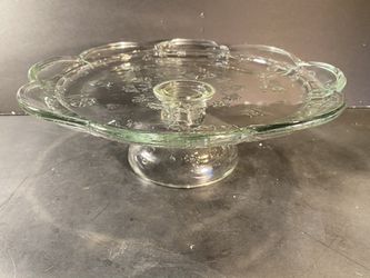 ANCHOR HOCKING Vintage Clear Glass Savannah Floral Scalloped-Edge Cake/Pie Stand