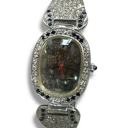 Diamonds And Sapphire On Silver Watch 