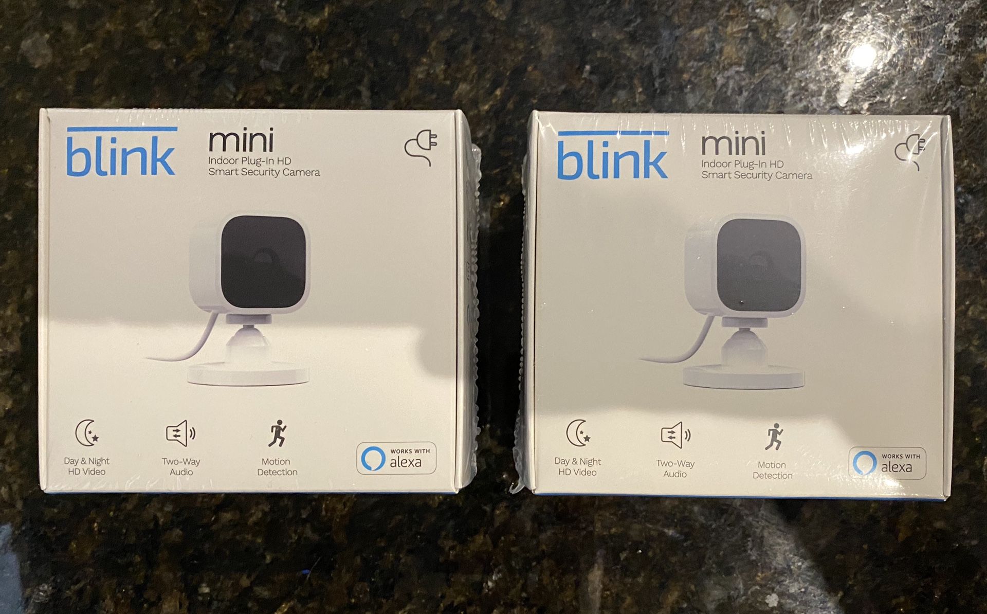 2 Brand New Blink Mini security cameras sealed in plastic