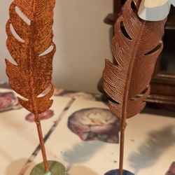 Set Of 2 Metal Feather On Plaster Paper Weights - $10