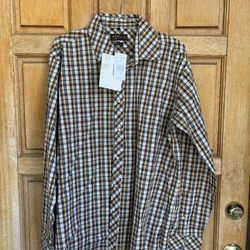 Ben Sherman Shirt Mens XL Teak Plaid Stretch Button Front Long Sleeve NWT