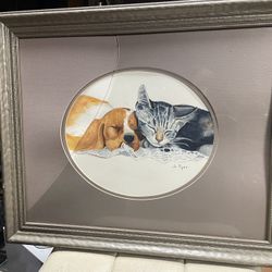 Dog & Cat Water Color Paintings Original Framed