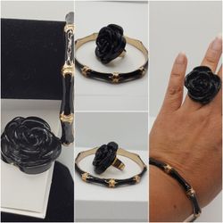 Beautiful Vintage Black Boho set of Ring and Bracelet, Ring Sz6.5

