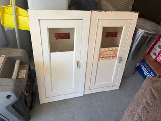 2 Vintage Steel Fire Extinguisher Cabinets with Glass Windows