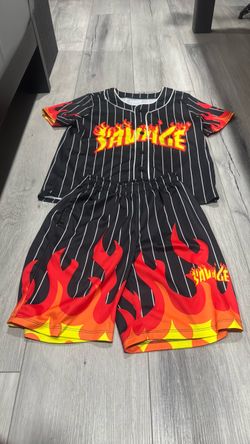 Savage" Flame Pinstripe Baseball Jersey and Shorts