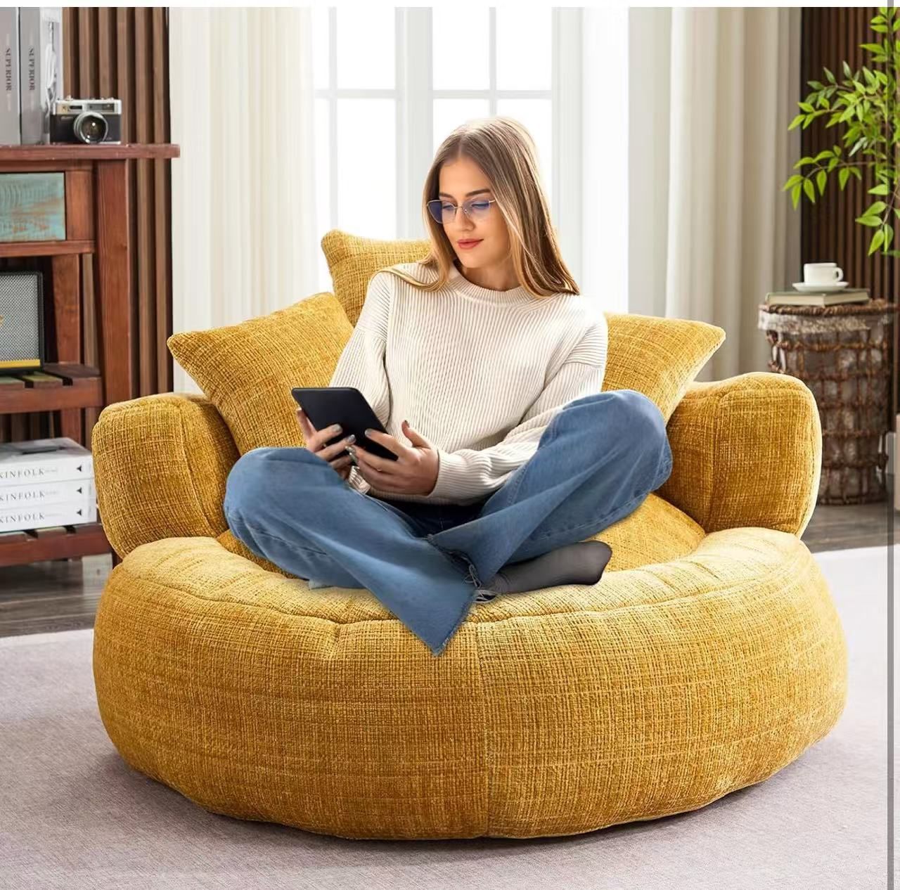 Giant Bean Bag Couch Chairs for Adults, Oversized Lazy Sofa with Memory Foam Filling and 3 Pillows, Soft Chenille Bean Bag Couch for Living Room Bedro
