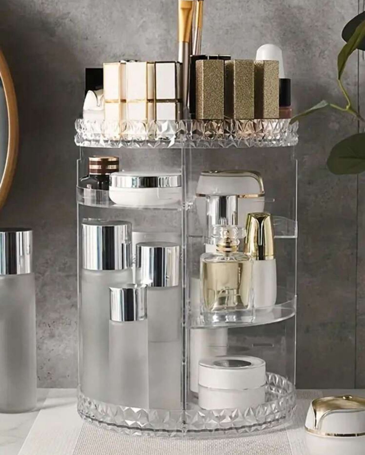 1pc 360 Degree Rotating Makeup Organizer, Transparent Makeup Display Stand, Large Capacity Dresser Storage Rack With 5 Adjustable Diy Trays, For Lipst