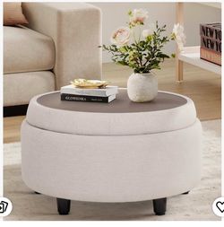 Fabric Round Storage Ottoman with Reversible Tray Lid – Multi-Functional Footrest, Hidden Storage, Sturdy & Stylish Small Coffee Table for Living Room