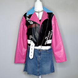 Vintage Neon Pink, Blue And Black Faux Leather Women’s Jacket 
