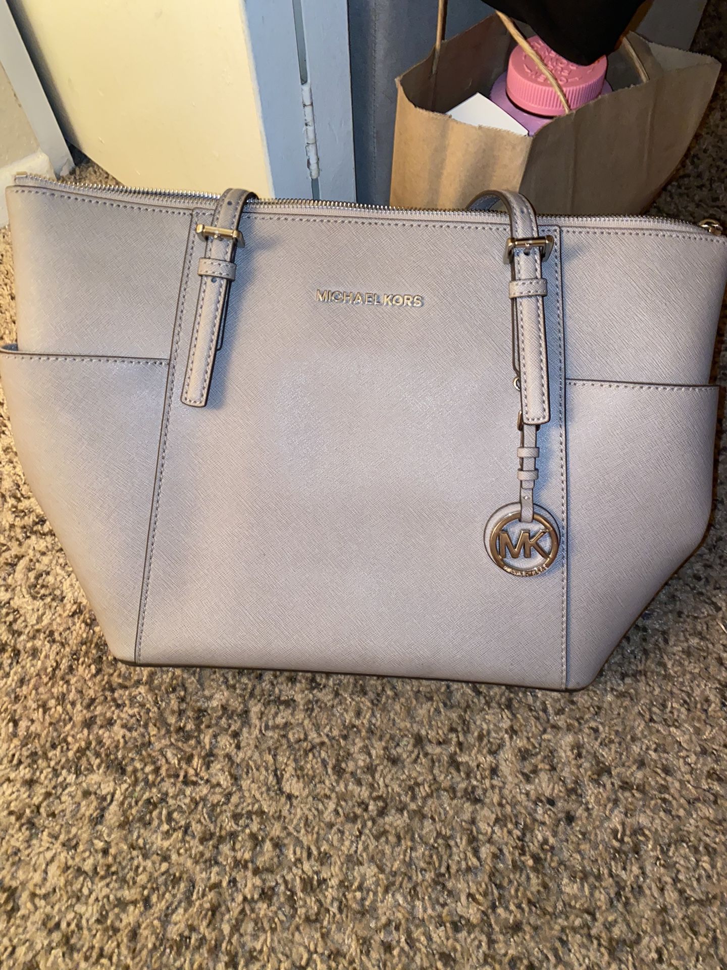 Pearl Grey MK Grey Bag NEW Michael Kors Jet Set Large Crossgrain