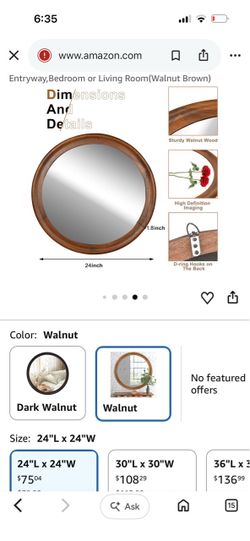 Round Walnut Wood Wall Mirror 24 Inch