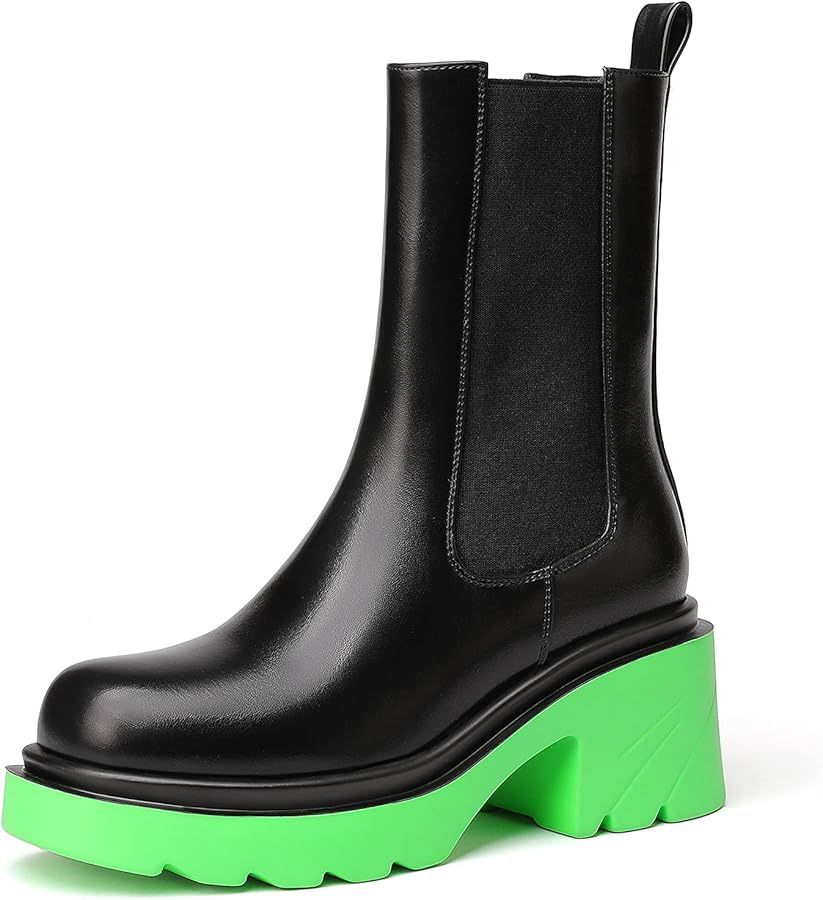 vivianly Womens Chelsea Boots Lug Sole Platform Mid Calf Boots Elastic Slip on Boots Block Heel Ankle Boots for Casual Wear, Costume