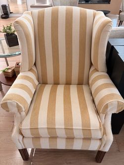 Two Ethan Allen Wingback Accent Chairs Gold Stripe Upholstery