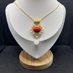 Red Turquoise Bead Gold Chain Necklace with White Jade