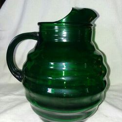 Vintage Green Glass Beehive Pitcher 