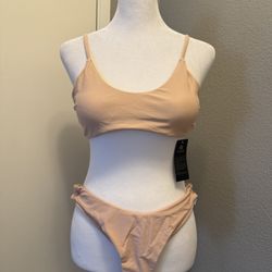 SherryDC Women's Solid Scoop Neck  Padded Brazilian Thong Bikini Swimsuit,Nude, Medium