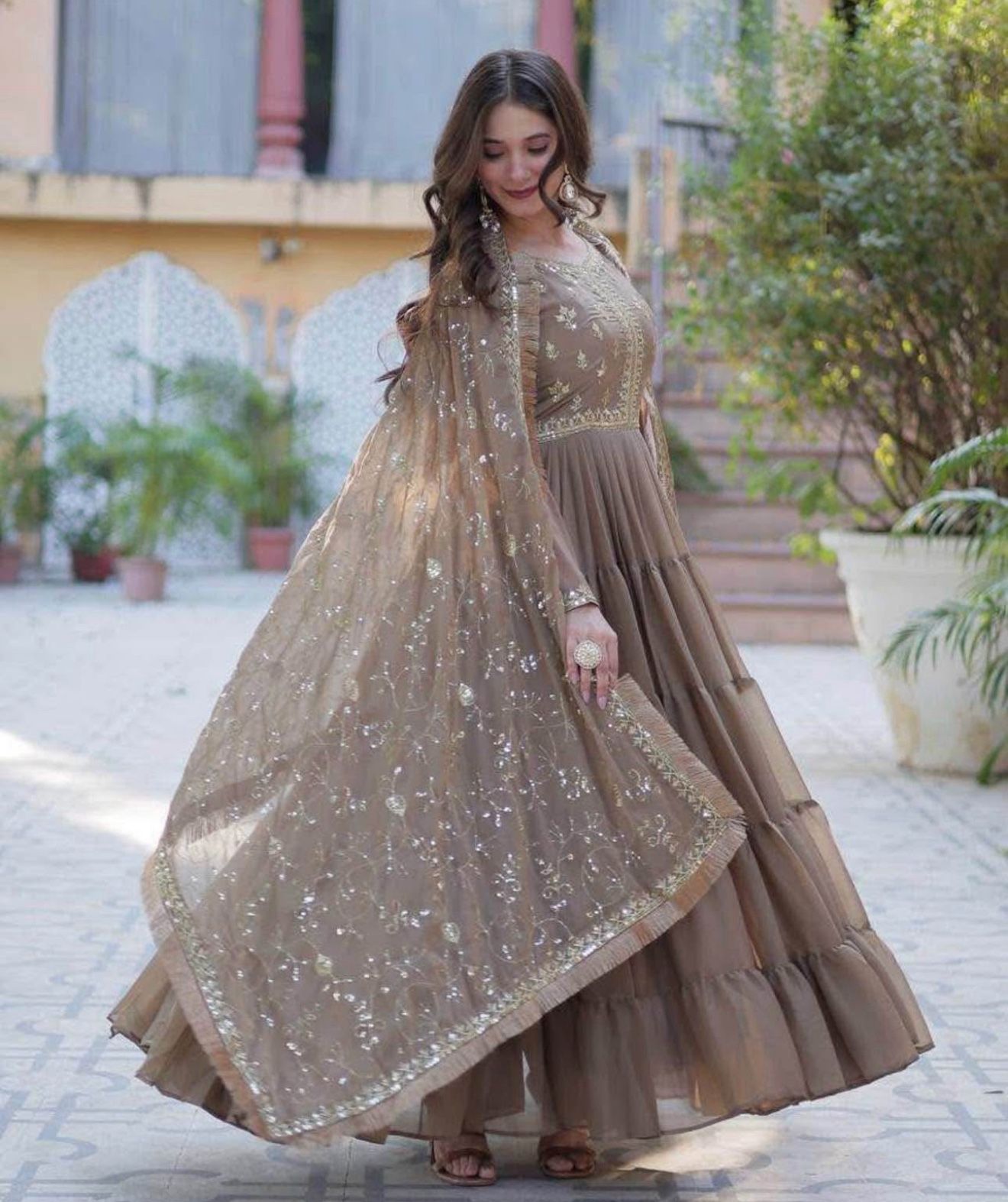 EID DRESS SIZE XL ANARKALI DRESS PAKISTANI DRESS BROWN LEHENGA CHOLI