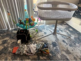 Baby Items Package Bassinet, Activity Center, Breast Pump, Diaper Bag , Baby Clothes