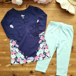 4T-5T 2-PIECE OUTFIT NAVY MULTICOLOR FLORAL COTTON TUNIC W/LIGHT TURQUOISE CAPRI LEGGING 