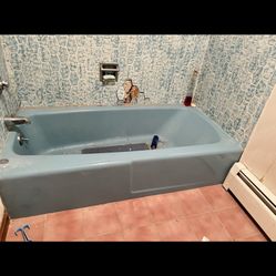 Mid Century Modern Cast Iron Ceramic Blue Tub 